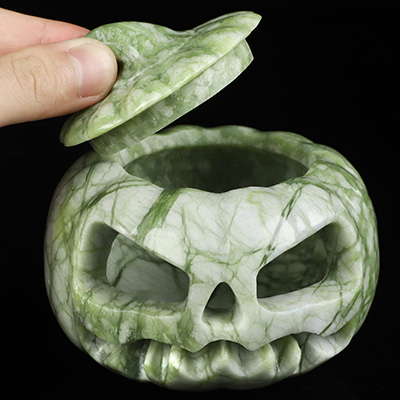 3.9" Chinese Picasso Jasper Hand Carved Hollow Pumpkin Crystal Skull Sculpture, Crystal Healing