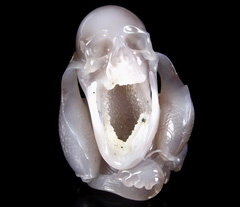 Original Design 4.7" Agate Geode Carved Crystal Skull & Fish Sculpture