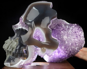 Super Realistic! Lifesized 7.5" Agate Amethyst Geode Hand Carved Crystal Skull, Crystal Healing
