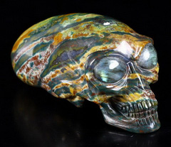 Gemstone 4.0" Bloodstone Carved Elongated Mayan Alien Skull With Labradorite Eye, Kingdom of Skulls, Healing