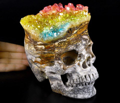 Lifesized 6.7" Rainbow Aura Quartz Druse Carved Crystal Skull, Super Realistic, Healing