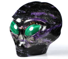 Gemstone 4.3" Russian Charoite Carved Crystal Female Alien Skull, Malachite Eyes, Healing