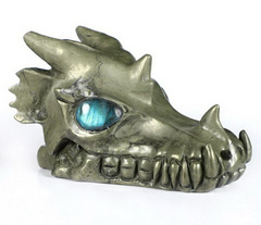 Huge 5.2" Pyrite Carved Crystal Skull With Labradorite Eyes, Realistic, Crystal Healing