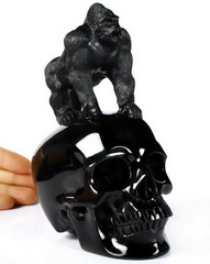 New 6.3" Black Obsidian Carved Crystal Skull With Gorilla Sanding Sculpture, Crystal Healing