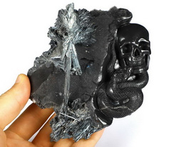 Original 4.1" Stibnite Carved Crystal Skull With Snake Sculpture, Crystal Healing