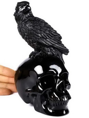 Huge 7.0" Black Obsidian Carved Crystal Skull With American Eagle Standing Sculpture, Realistic, Crystal Healing