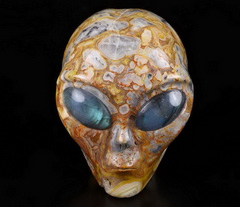 Huge 4.2" Red Crazy Lace Agate Star Being Female Alien Crystal Skull Companion with Labradorite Eyes, Hand Carved Gemstone Fine Art Sculpture,, Reiki Healing Stone Statue