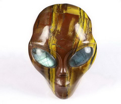 Nice 4.2" Colorful Tiger Iron Eye tar Being Female Alien Crystal Skull Companion with Labradorite Eyes, Hand Carved Gemstone Fine Art Sculpture,, Reiki Healing Stone Statue