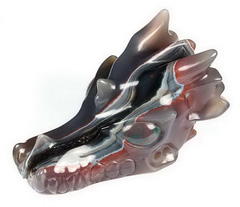 Gemstone 5.3" Mozambique Agate Carved Crystal Dragon Skull, Bloodstone Eyes, Crystal Healing