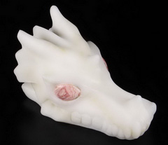 Huge 5.2" White Jade Carved Crystal Dragon Skull, Rhodochrosite Eyes, Crystal Healing