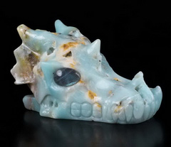Huge 5.3" Chinese Amazonite Carved Crystal Dragon Skull With Labradorite Eyes, Crystal Healing