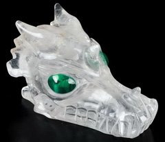Gemstone Huge 5.2" Quartz Rock Crystal Carved Crystal Skull & Malachite Eyes, Crystal Healing
