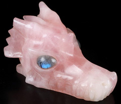 Huge 5.2" Rose Quartz Carved Crystal Skull & Labradorite Eyes, Crystal Healing