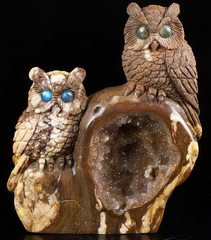 GEODE 4.6" Petrified Wood Carved Crystal Owls, Labradorite Eyes