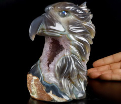6.5" Agate Amethyst Geode Carved Crystal Eagle, Labradorite Eyes