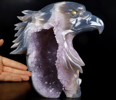 AMAZING 7.2" Agate Amethyst Geode Carved Crystal Eagle & Skull, Labradorite Eyes