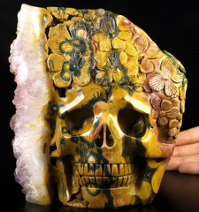 7.3" Ocean Jasper Geode Carved Crystal Skull & Flower, Crystal Healing