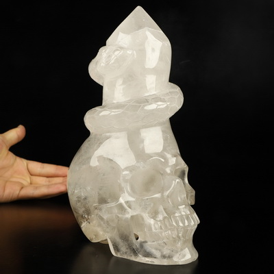 7.9" Quartz Rock Crystal Hand Carved Crystal Skull Point & Snake Sculpture, Crystal Healing