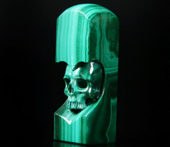 GEMSTONE 2.6" Malachite Carved Crystal Skull Seal, Realistic