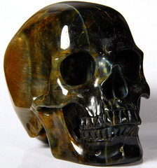 Amazing Flash Gemstone Huge 5.2" Blue & Gold Tiger Eye Carved Crystal Skull, Super Realistic