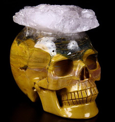 RARE HUGE 4.2" Ocean Jasper Carved Crystal Skull with Amethyst Druse