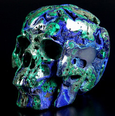 Gemstone Huge 5.0" Azurite & Malachite Carved Crystal Skull, Super Realistic