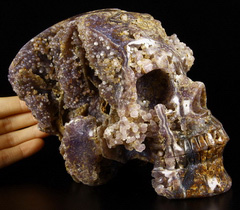 Lifesized 7.0" Purple Grape Agate Carved Crystal Geode Skull