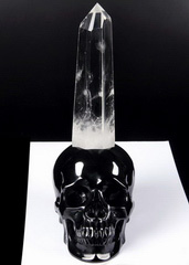 The Source of the Energy - Huge 9.6" Black Obsidian Carved Crystal Skull Sculpture Clear Quartz Rock Crystal Point