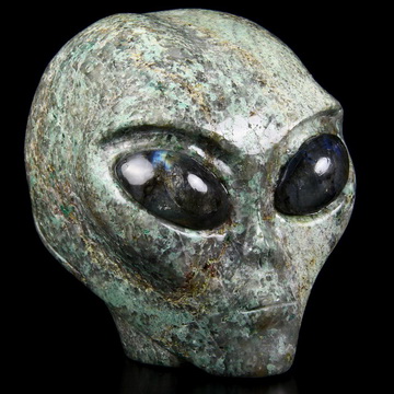 4.1" Chrysocolla Star Being Female Alien Crystal Skull Companion With Labradorite Eyes, Hand Carved Gemstone Fine Art Sculpture, Reiki Healing Stone Statue