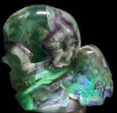 Original Design 6.3" Rainbow Fluorite Carved Crystal Double Skulls Sculpture, Realistic, Crystal Healing