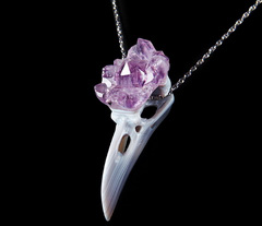 3.0" Agate Amethyst Druse Carved Crystal Raven Skull Pendant, Realistic, Crystal Healing