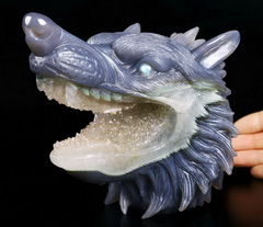 Huge 6.7" Agate Geode Carved Crystal Wolf Head Sculpture With Labradorite Eyes, Realistic, Crystal Healing