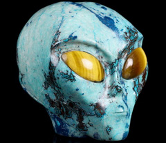 Gemstone 4.1" American Chrysocolla Carved Crystal Female Alien Skull & Tiger Eye Eyes, Crystal Healing