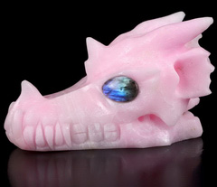 Nice 5.4" Pink Aragonite Carved Crystal Drgon Skull With Labradorite Eyes, Crystal Healing