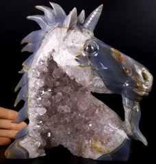 Huge 7.5" Agate Amethyst Geode Carved Crystal Unicorn, Crystal Healing