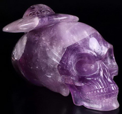Huge 6.7" Dark Amethyst Carved Crystal Elongated Mayan Alien Crystal Skull With Flying saucer, Kingdom of skulls