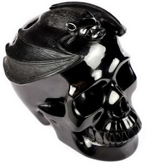 NEW 5.0" Black Obsidian Carved Crystal Skull WIth Bat Sculpture, Crystal Healing