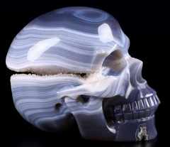 Nice 4.9" Agate Geode Carved Crystal Skull, Realistic, Crystal Healing