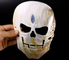 Huge 8.3" Shell Carved Crystal Skull Mask With Labradorite Eye of Heaven, Healing