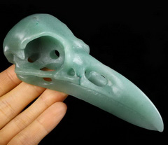 Huge 4.7" Green Aventurine Carved Crystal Raven Skull Pendant, Crystal Healing