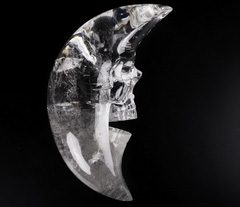 Clear 7.0" Quartz Rock Crystal Carved Crystal Crescent Moon Skull Sculpture, Crystal Healing