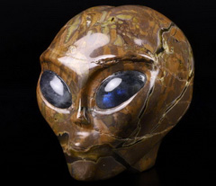 Huge 4.3" Dinosaur Egg Agate Carved Crystal Female Alien Skull, Labradorite Eyes, Crystal Healing