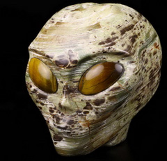 Huge 4.2" Morris Jasper Star Being Female Alien Crystal Skull Companion with Tiger Eye Eyes, Hand Carved Gemstone Fine Art Sculpture,, Reiki Healing Stone Statue