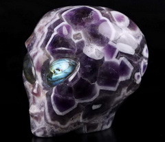 GEMSTONE 4.2" Dream Chevron Amethyst Carved Crystal Female Alien Skull, Labradorite Eyes, Crystal Healing