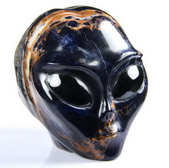 Huge 4.1" Sodalite Star Being Female Alien Crystal Skull Companion with Black Obsidian Eyes, Hand Carved Gemstone Fine Art Sculpture,,Reiki Healing Stone Statue