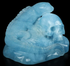 GEMSTONE 3.3" Aquamarine Carved Crystal Skull & Lizard, Crystal Healing