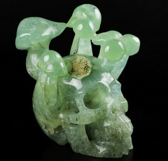 Gemstone 5.9" Prehnite Carved Crystal Skull & Mushroom, Crystal Healing