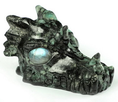 Gemstone 5.0" Emerald Carved Crystal Skull, Labradorite Eyes