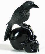 Gorgeous Black Obsidian Sculpture: Crow and Skull, Crystal