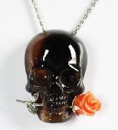 Black Agate Carved Crystal Skull, Silver with Red coral